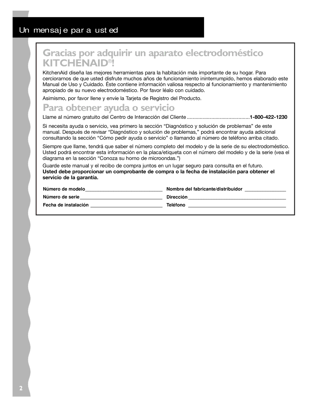 KitchenAid KCMC155J Un mensaje para usted, Gracias por adquirir un aparato electrodoméstico, Para obtener ayuda o servicio 