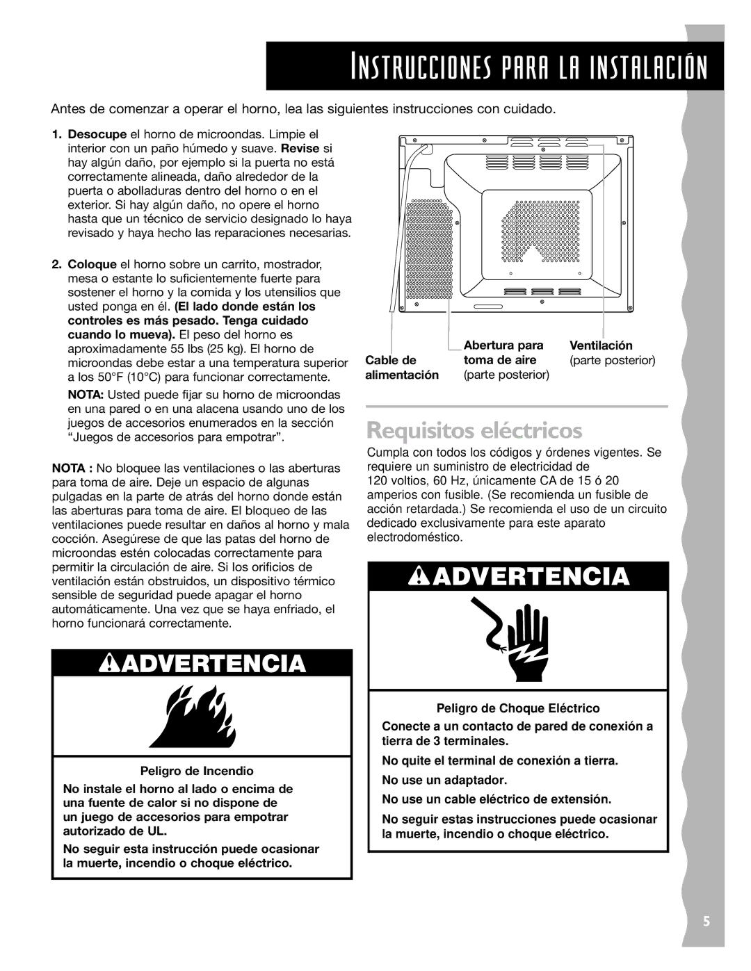 KitchenAid KCMC155JWH, KCMC155JSS, KCMC155JBT Instrucciones para la instalaci-n, Requisitos eléctricos 