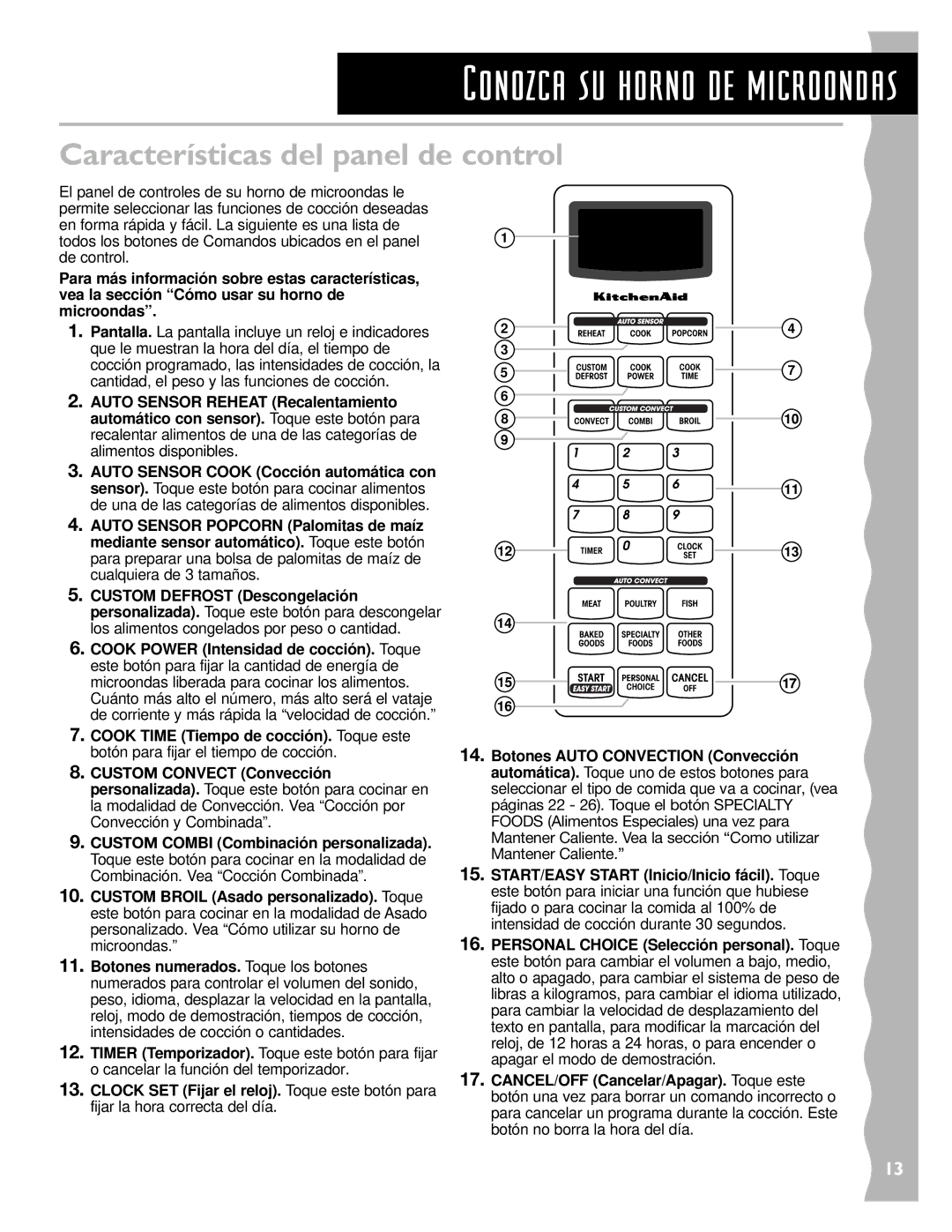 KitchenAid KCMC155JWH, KCMC155JSS, KCMC155JBT installation instructions Características del panel de control 