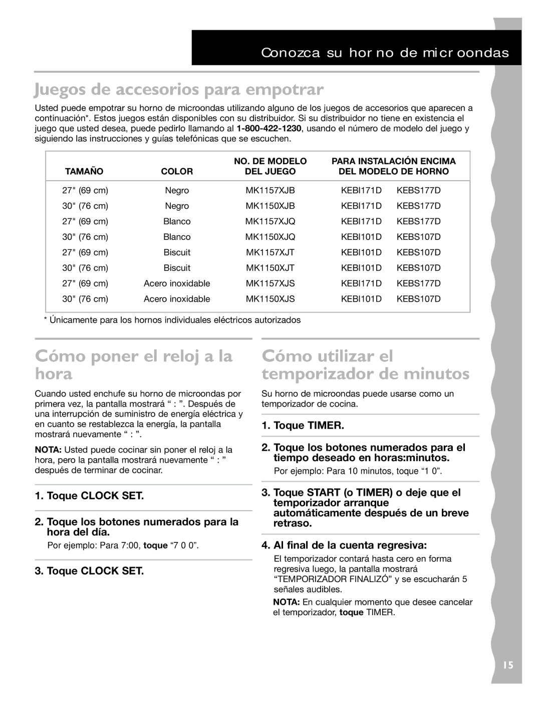 KitchenAid KCMC155JSS, KCMC155JBT Juegos de accesorios para empotrar, Cómo poner el reloj a la hora, Toque Clock SET 