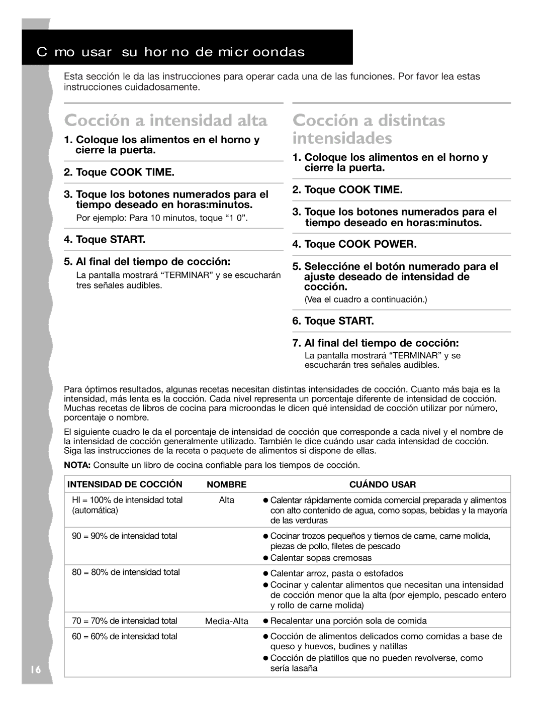 KitchenAid KCMC155JBT Mo usar su horno de microondas, Cocción a intensidad alta, Intensidad DE Cocción Nombre Cuándo Usar 