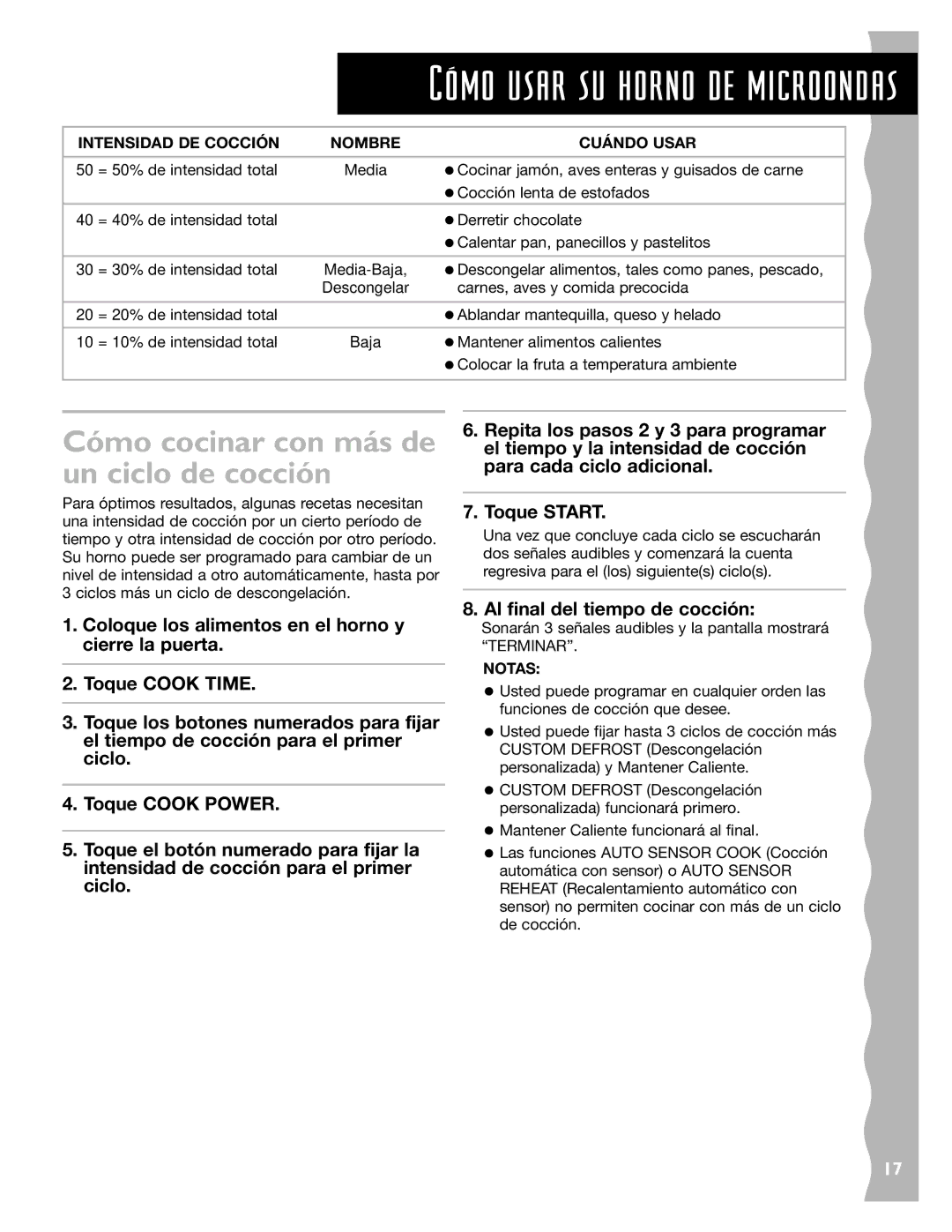 KitchenAid KCMC155JWH, KCMC155JSS, KCMC155JBT installation instructions Cómo cocinar con más de un ciclo de cocción, Notas 