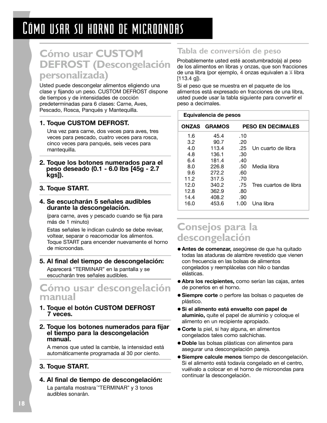 KitchenAid KCMC155JSS, KCMC155JBT Cómo usar descongelación manual, Tabla de conversión de peso, Toque Custom Defrost 