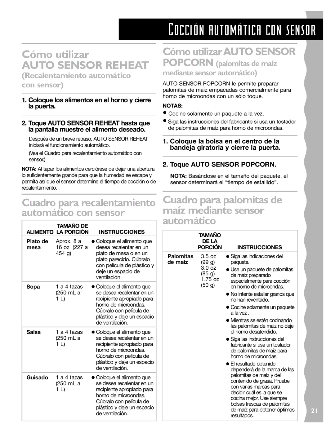 KitchenAid KCMC155JWH, KCMC155JSS, KCMC155JBT Recalentamiento automático con sensor, Tamaño DE, Alimento LA Porción 