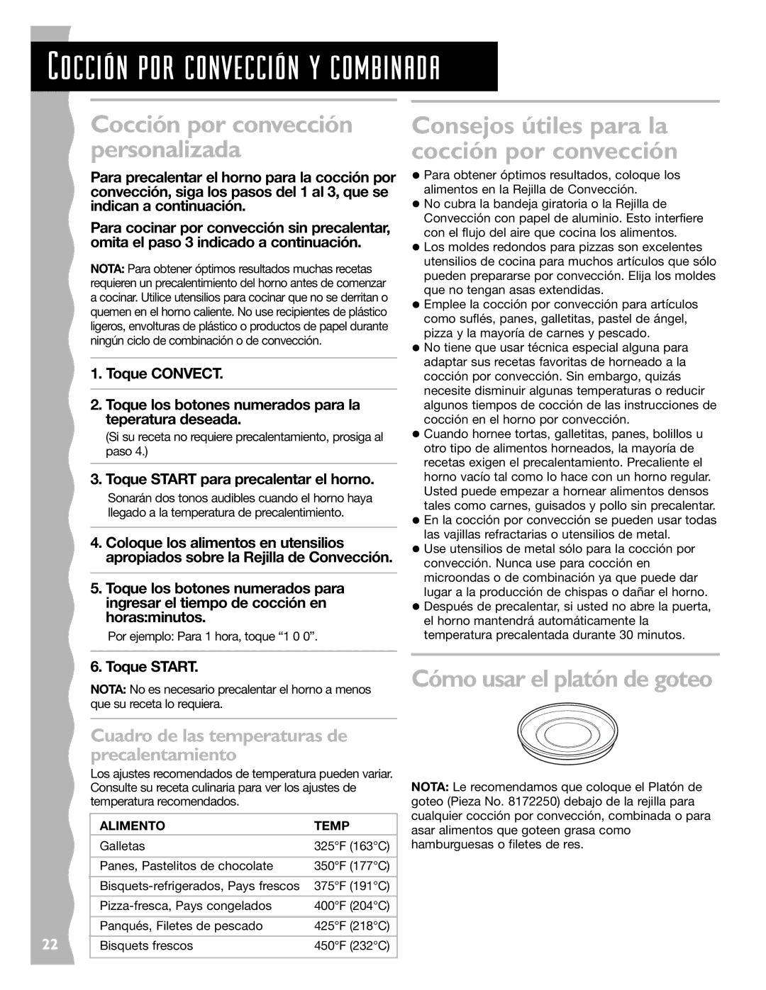 KitchenAid KCMC155JSS, KCMC155JBT Cocci-n por convecci-n y combinada, Cómo usar el platón de goteo, Alimento Temp 
