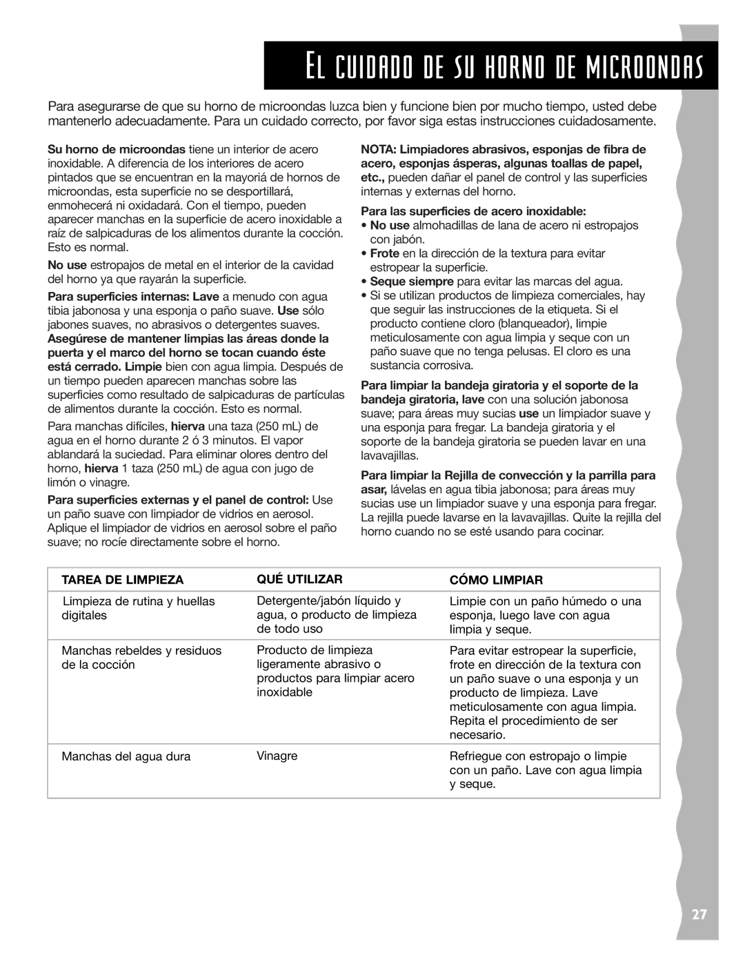 KitchenAid KCMC155JSS, KCMC155JBT El cuidado de su horno de microondas, Tarea DE Limpieza QUÉ Utilizar Cómo Limpiar 