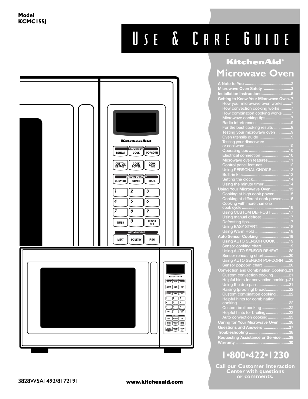 KitchenAid KCMC155JSS installation instructions U s e & C a r e G u i d e, Microwave Oven, 18004221230, or comments 