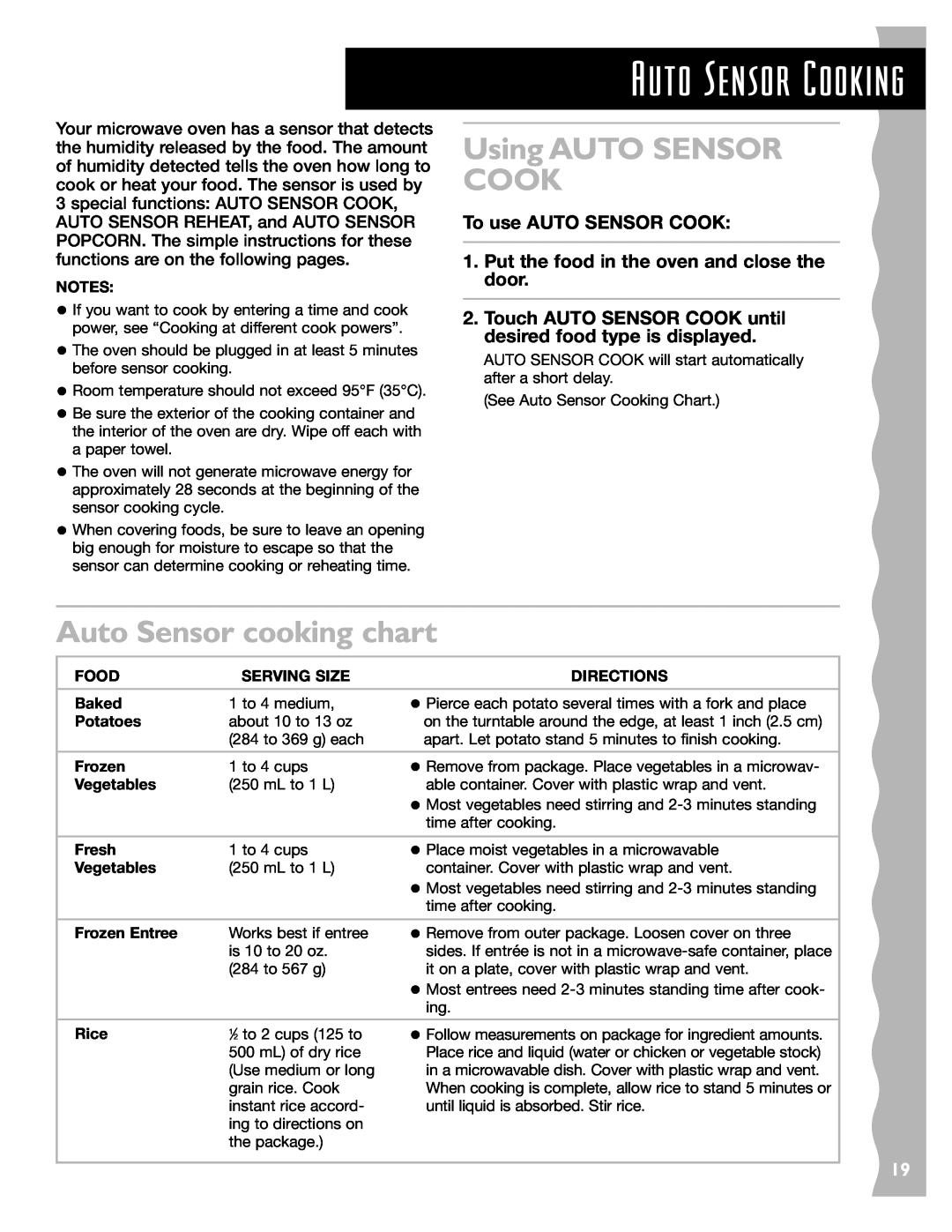 KitchenAid KCMC155JWH Using AUTO SENSOR COOK, Auto Sensor cooking chart, To use AUTO SENSOR COOK, Auto Sensor Cooking 