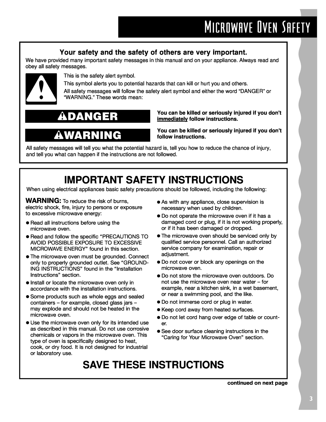 KitchenAid KCMC155JWH Microwave Oven Safety, wDANGER wWARNING, Important Safety Instructions, Save These Instructions 