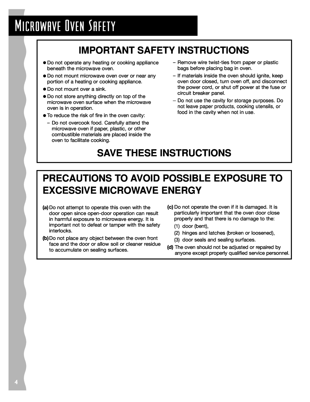 KitchenAid KCMC155J Precautions To Avoid Possible Exposure To Excessive Microwave Energy, Microwave Oven Safety 