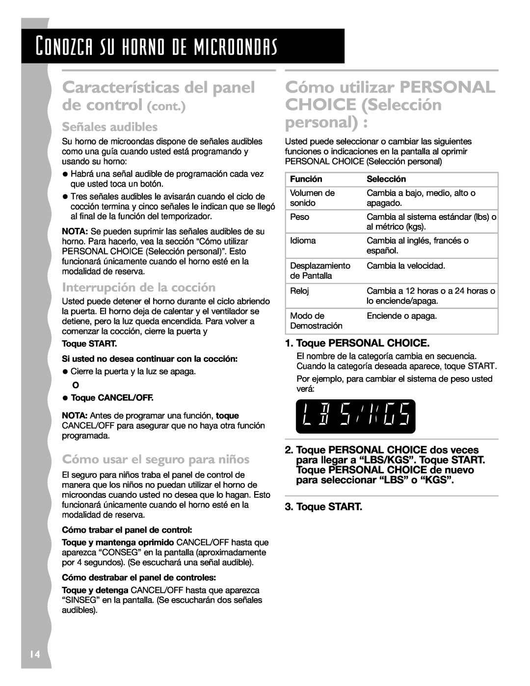 KitchenAid KCMC155J Características del panel de control cont, Cómo utilizar PERSONAL CHOICE Selección personal 