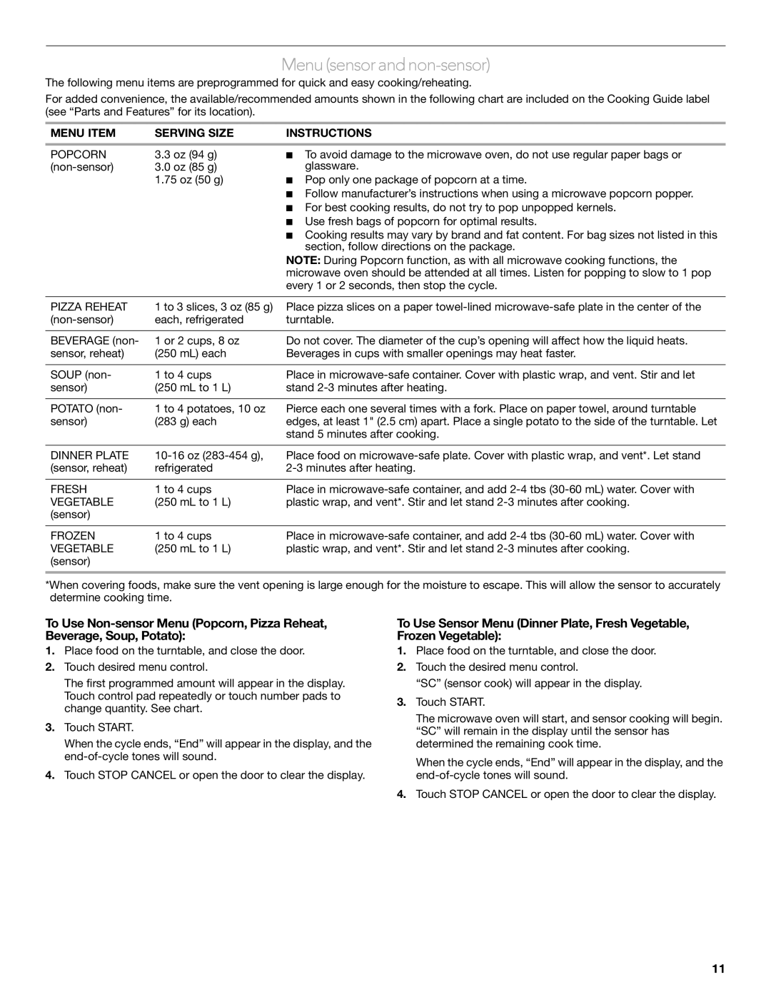 KitchenAid KCMC1575 manual Menu sensor and non-sensor, Menu Item Serving Size Instructions 