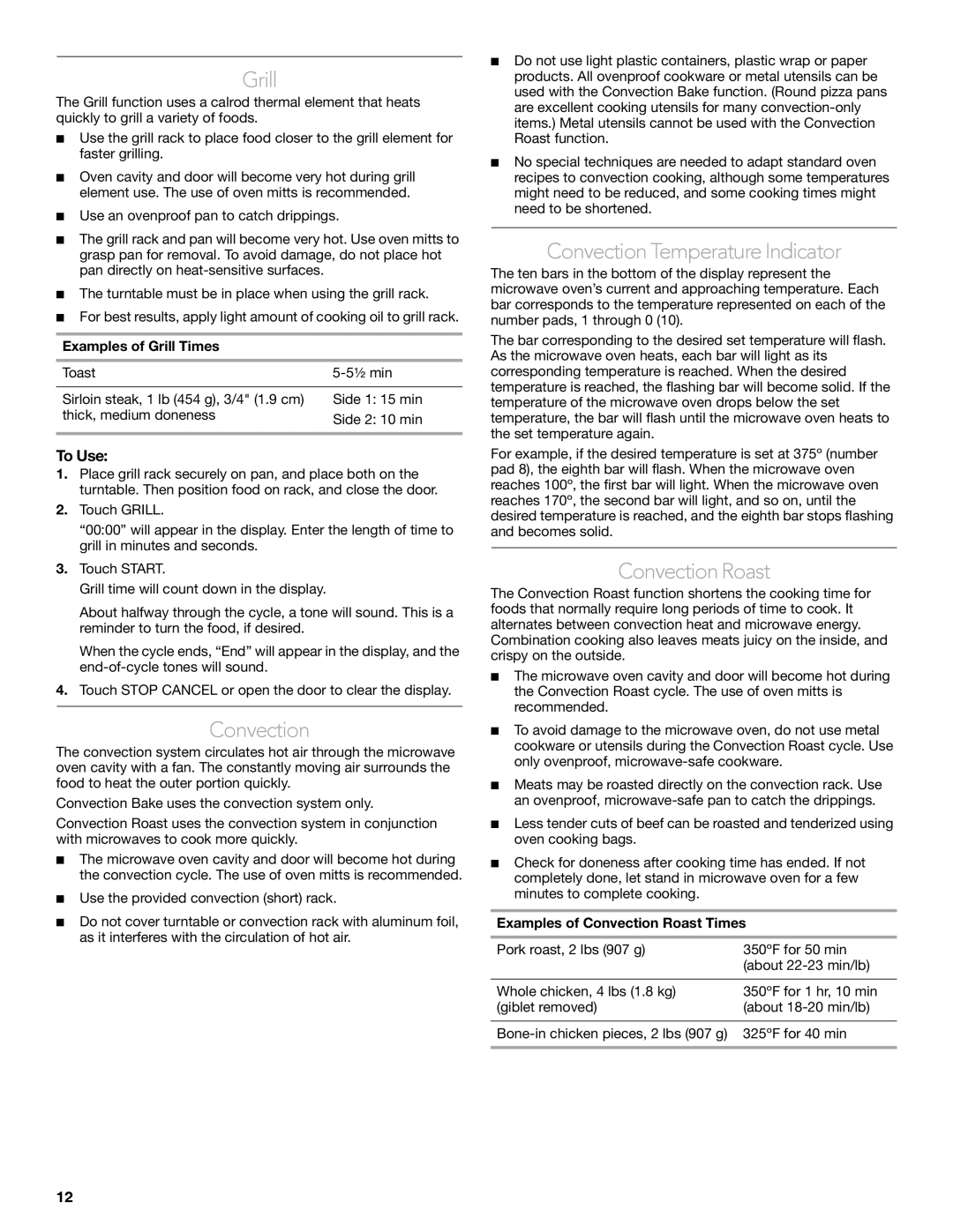 KitchenAid KCMC1575 manual Grill, Convection Temperature Indicator, Convection Roast 