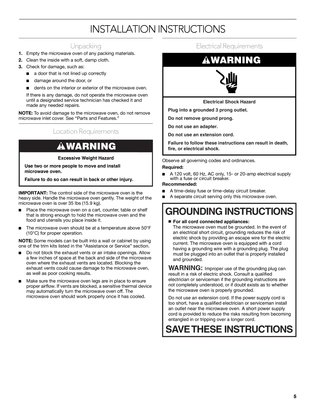 KitchenAid KCMC1575 manual Installation Instructions, Unpacking, Location Requirements, Electrical Requirements 