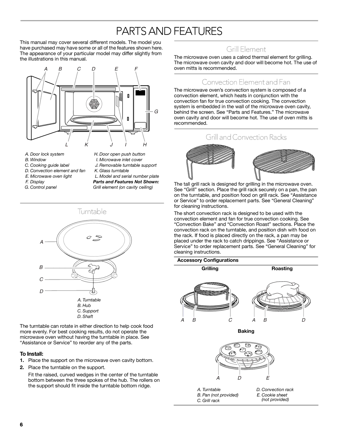 KitchenAid KCMC1575 Parts and Features, Turntable, Grill Element, Convection Element and Fan, Grill and Convection Racks 