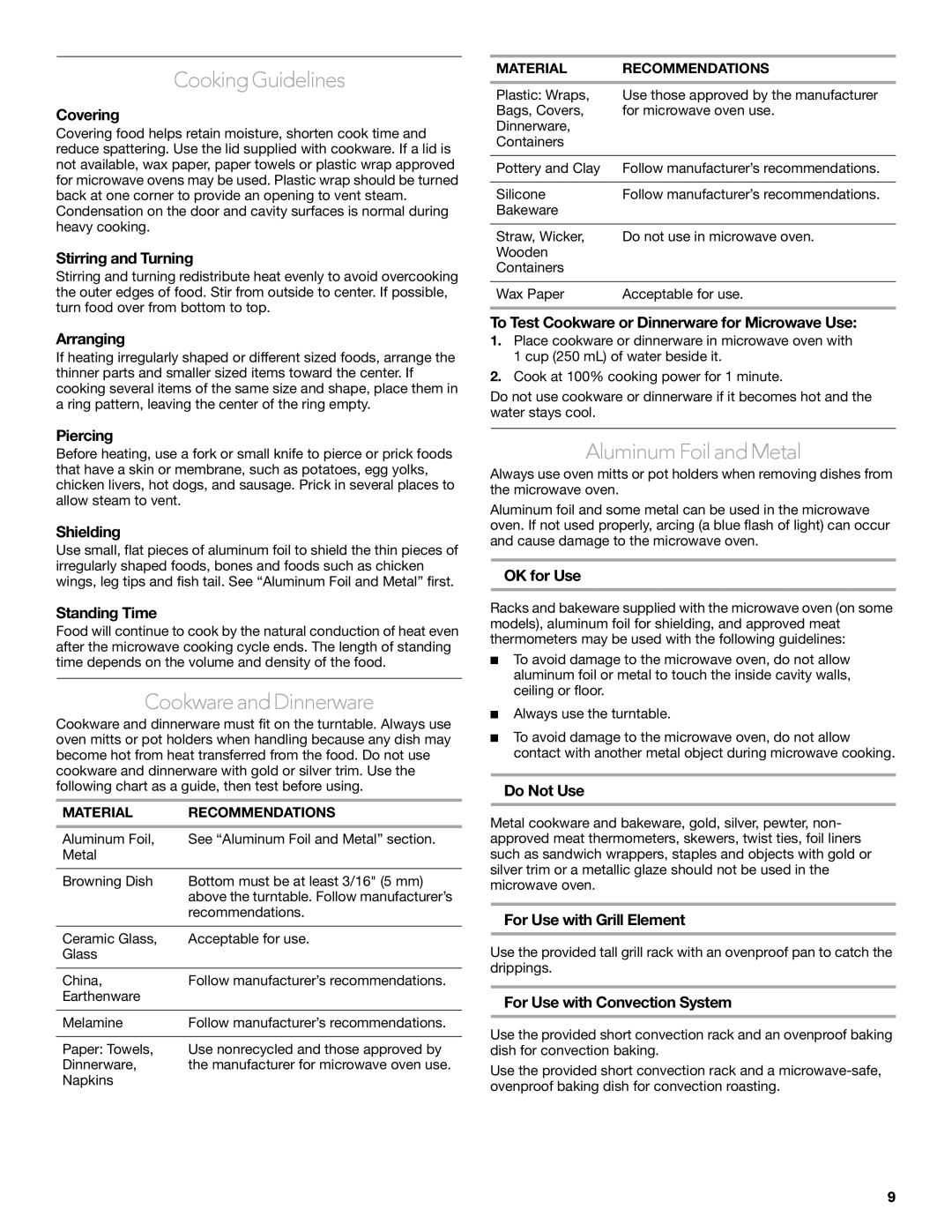 KitchenAid KCMC1575 manual Cooking Guidelines, Cookware and Dinnerware, Aluminum Foil and Metal 