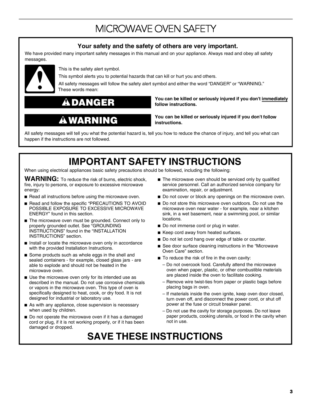 KitchenAid KCMC1575 manual Microwave Oven Safety, Important Safety Instructions, Save These Instructions, Danger 