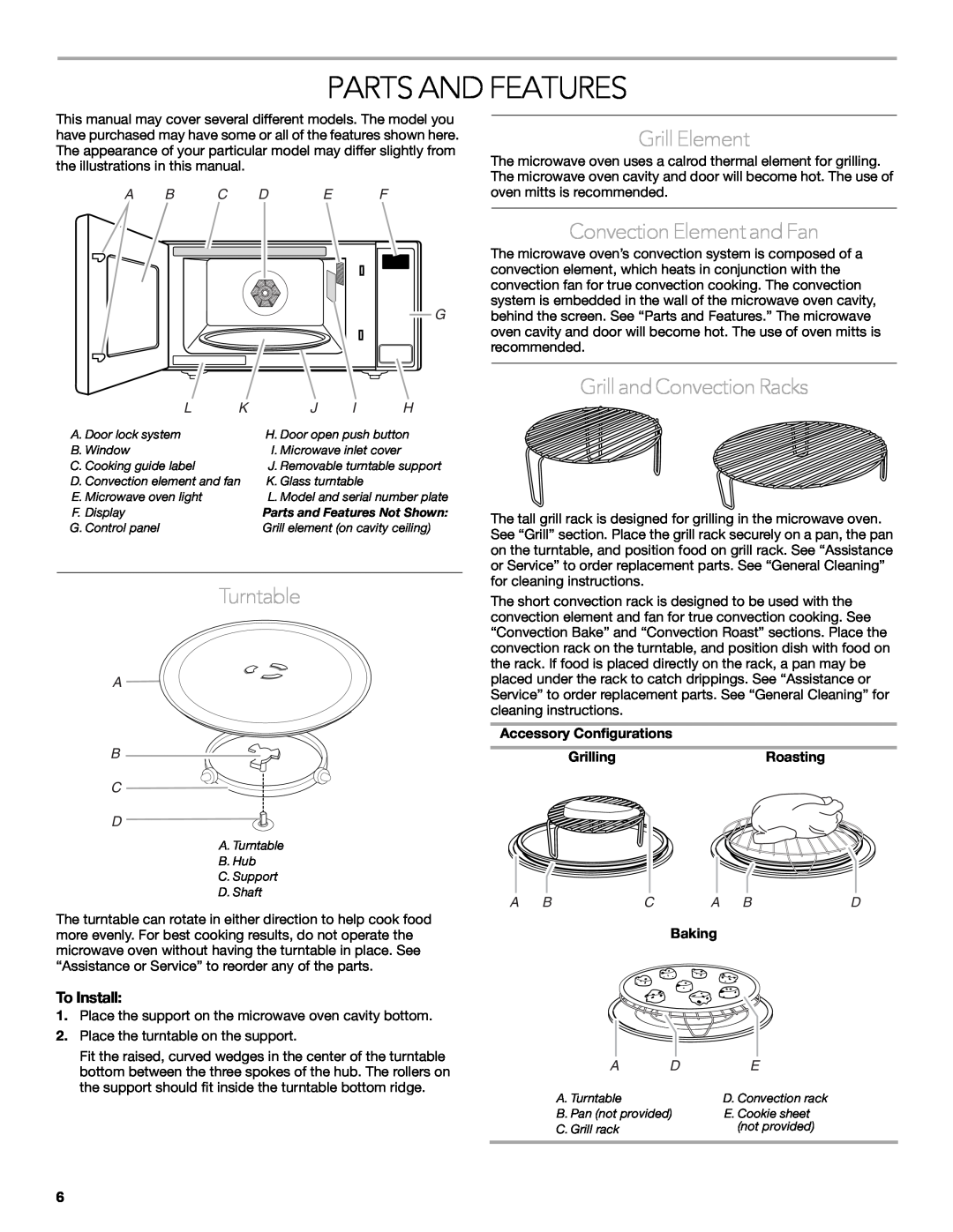 KitchenAid KCMC1575 Parts And Features, Turntable, Grill Element, Convection Element and Fan, Grill and Convection Racks 