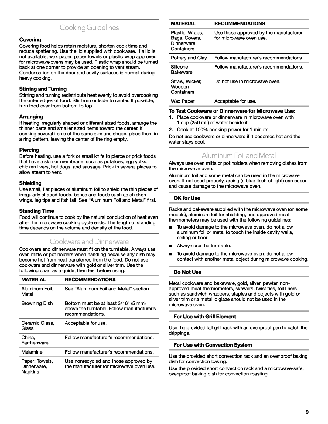 KitchenAid KCMC1575 manual Cooking Guidelines, Cookware and Dinnerware, Aluminum Foil and Metal 