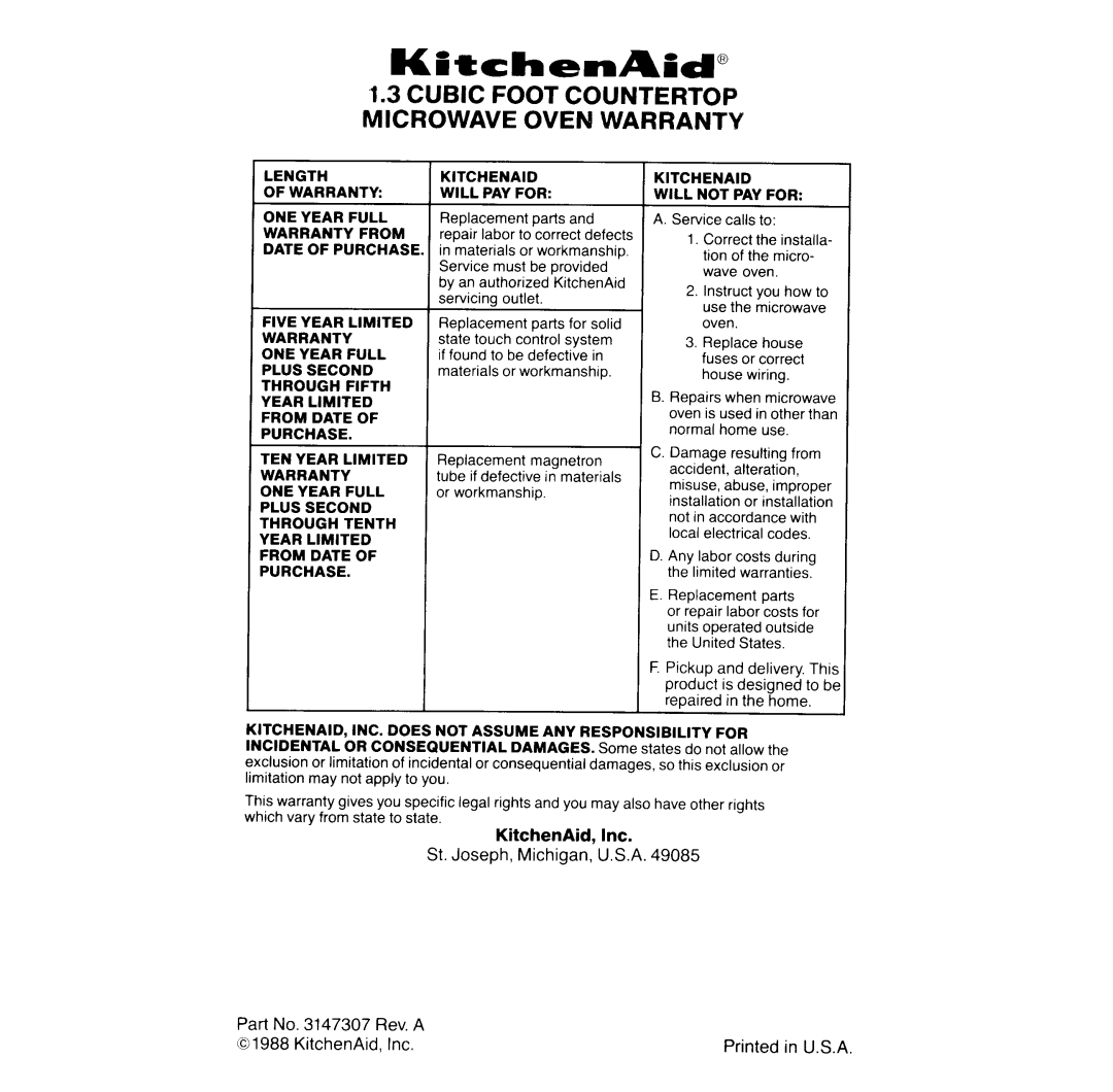 KitchenAid 252, KCMS132S, Microwave Oven manual 