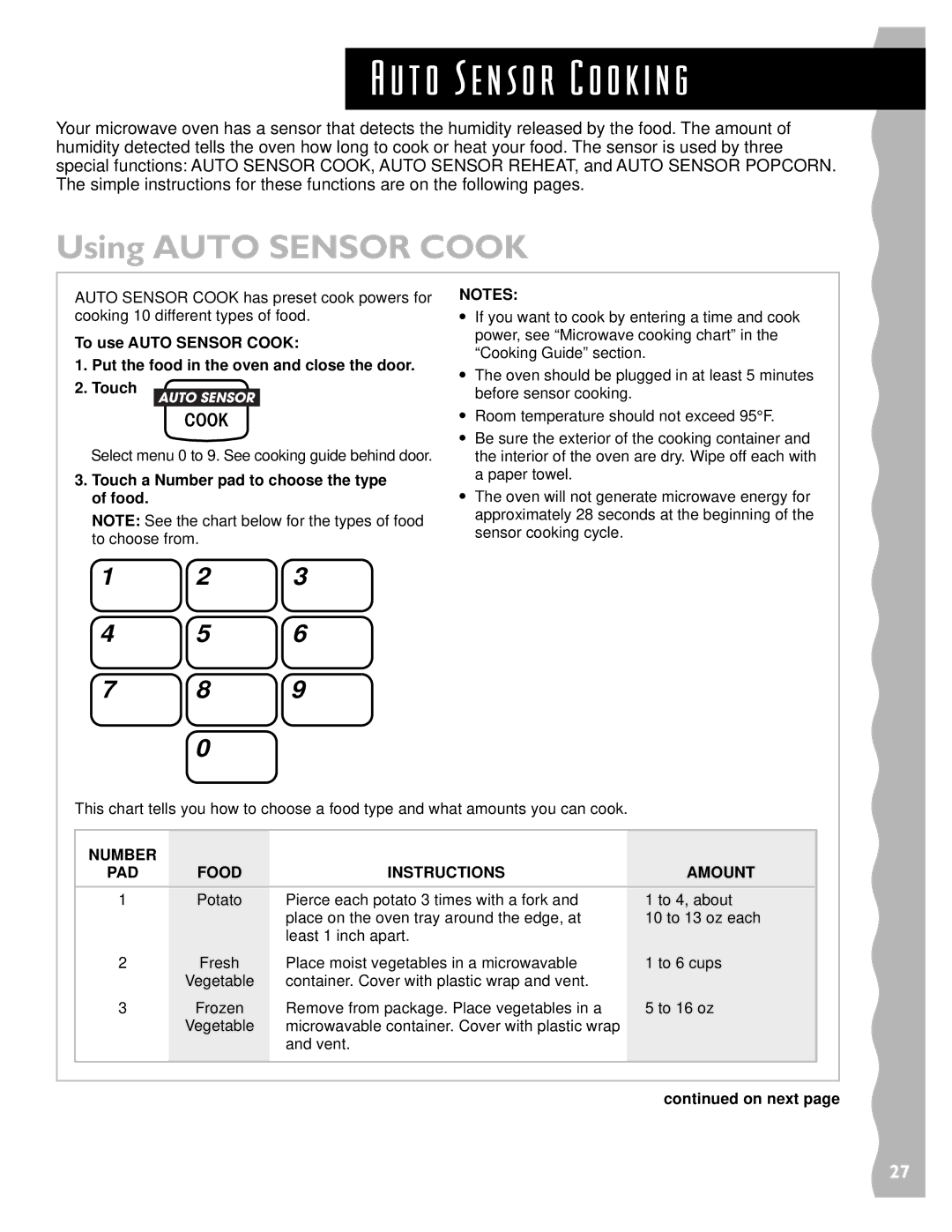 KitchenAid KCMS135H installation instructions Using Auto Sensor Cook, Touch a Number pad to choose the type of food 