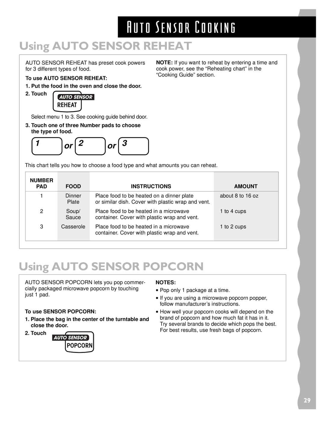 KitchenAid KCMS135H Using Auto Sensor Reheat, Using Auto Sensor Popcorn, Number Food Instructions Amount PAD 