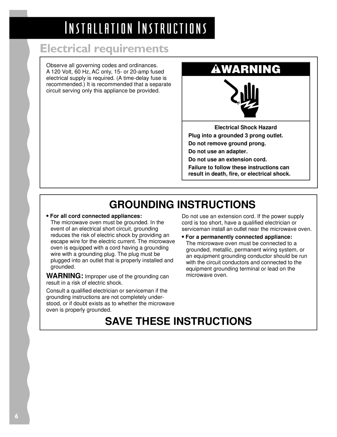 KitchenAid KCMS135H installation instructions Electrical requirements, For all cord connected appliances 