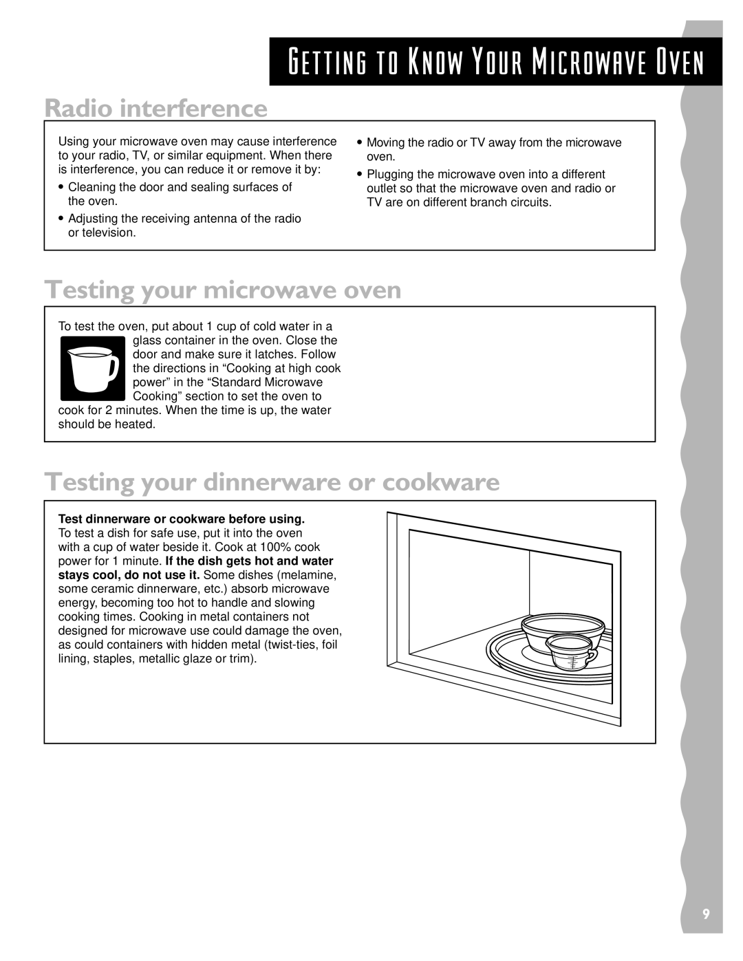 KitchenAid KCMS135H Radio interference, Testing your microwave oven, Testing your dinnerware or cookware 