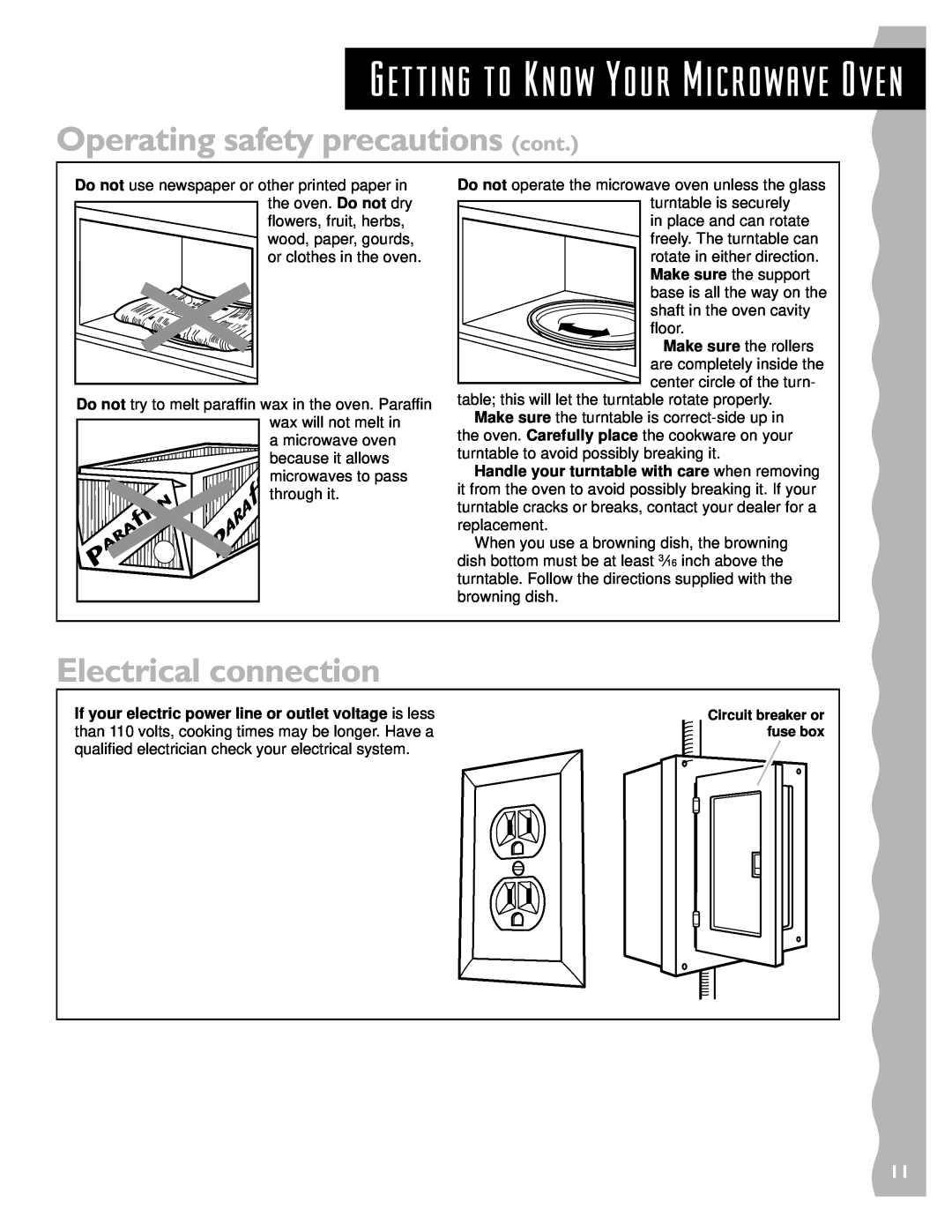 KitchenAid KCMS135H Operating safety precautions cont, Electrical connection, Getting to Know Your Microwave Oven 