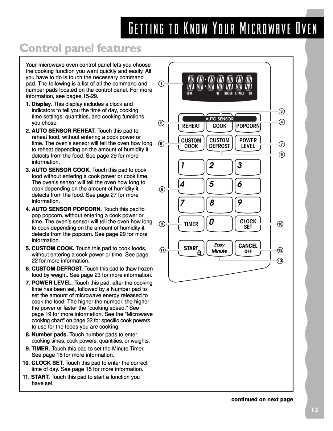 KitchenAid KCMS135H installation instructions Control panel features, Timer, START Easy CANCEL, 1 2 4 5 7 8 