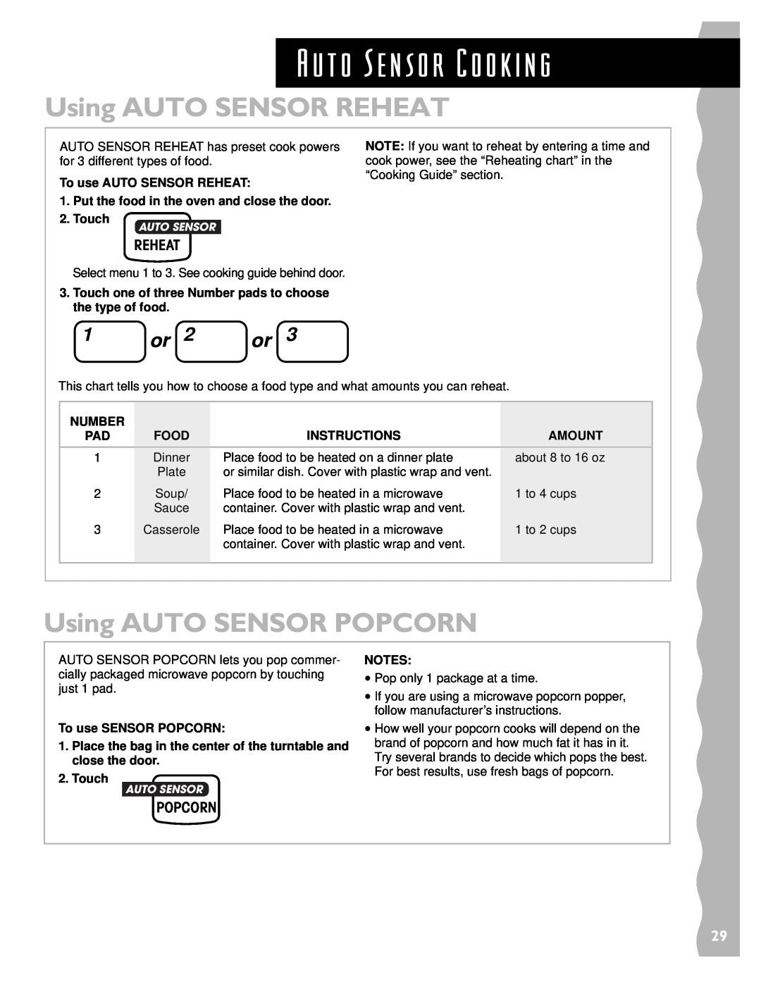 KitchenAid KCMS135H installation instructions Using AUTO SENSOR REHEAT, Using AUTO SENSOR POPCORN, Reheat, Popcorn 