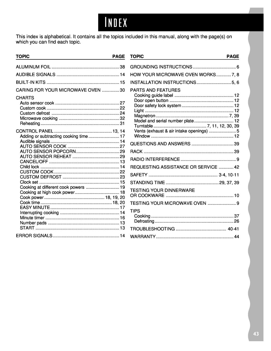 KitchenAid KCMS135H installation instructions I n d e, Page Topic 