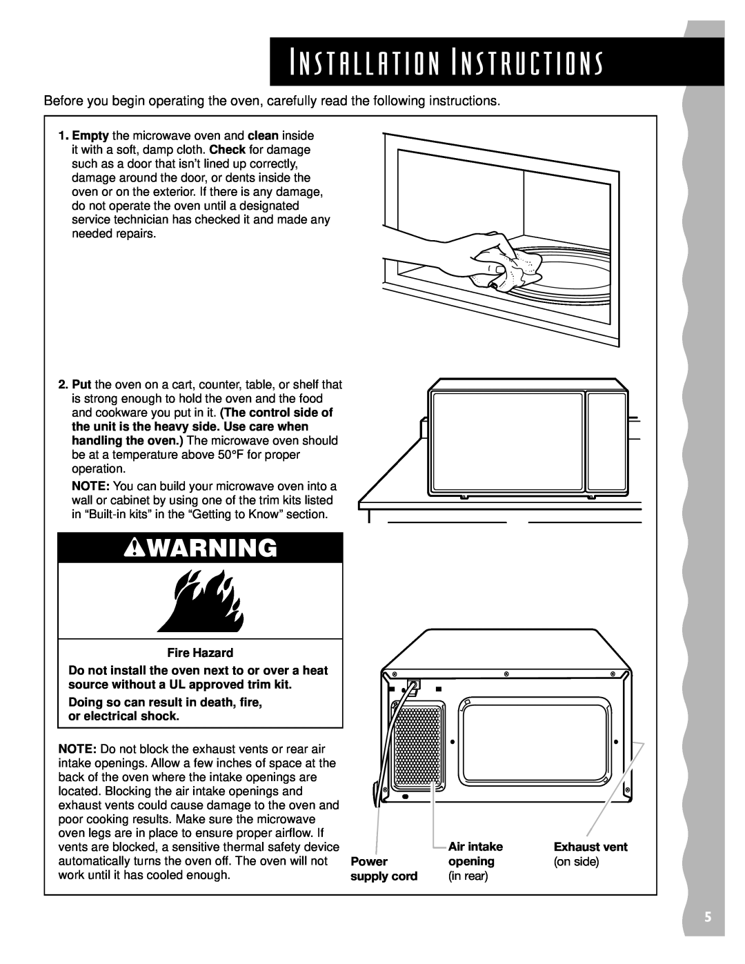 KitchenAid KCMS135H Installation Instructions, wWARNING, Air intake, Exhaust vent, Power, opening, on side, supply cord 