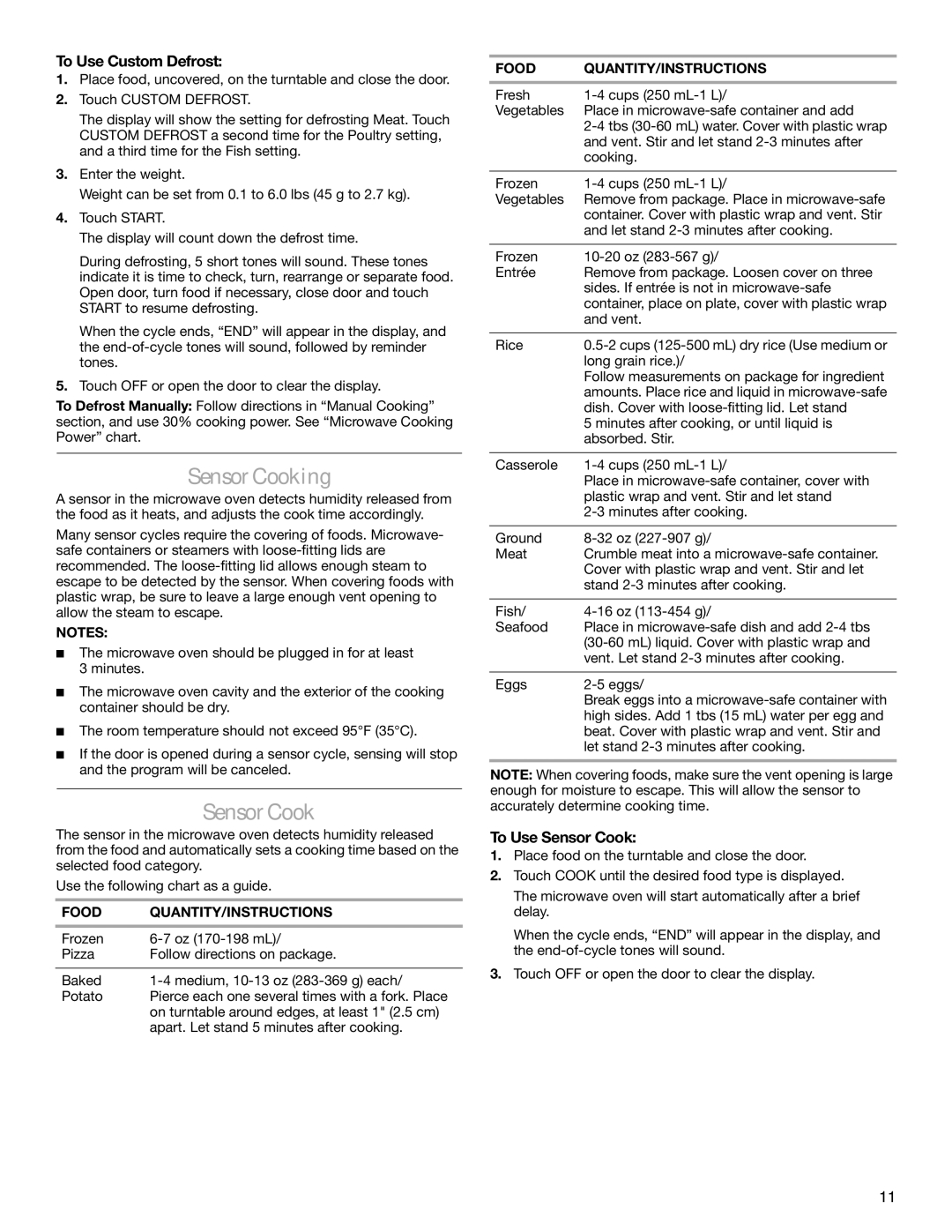 KitchenAid KCMS1555 manual SensorCooking, To Use Custom Defrost, To Use Sensor Cook 