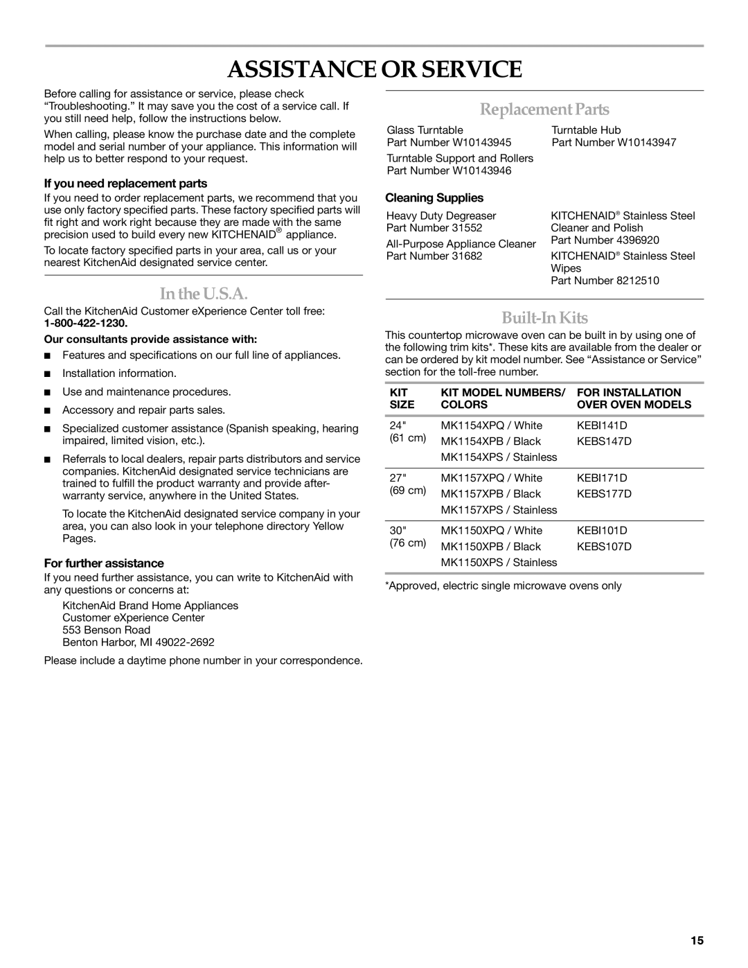 KitchenAid KCMS1555 manual Assistance or Service, IntheU.S.A, ReplacementParts, Built-InKits 