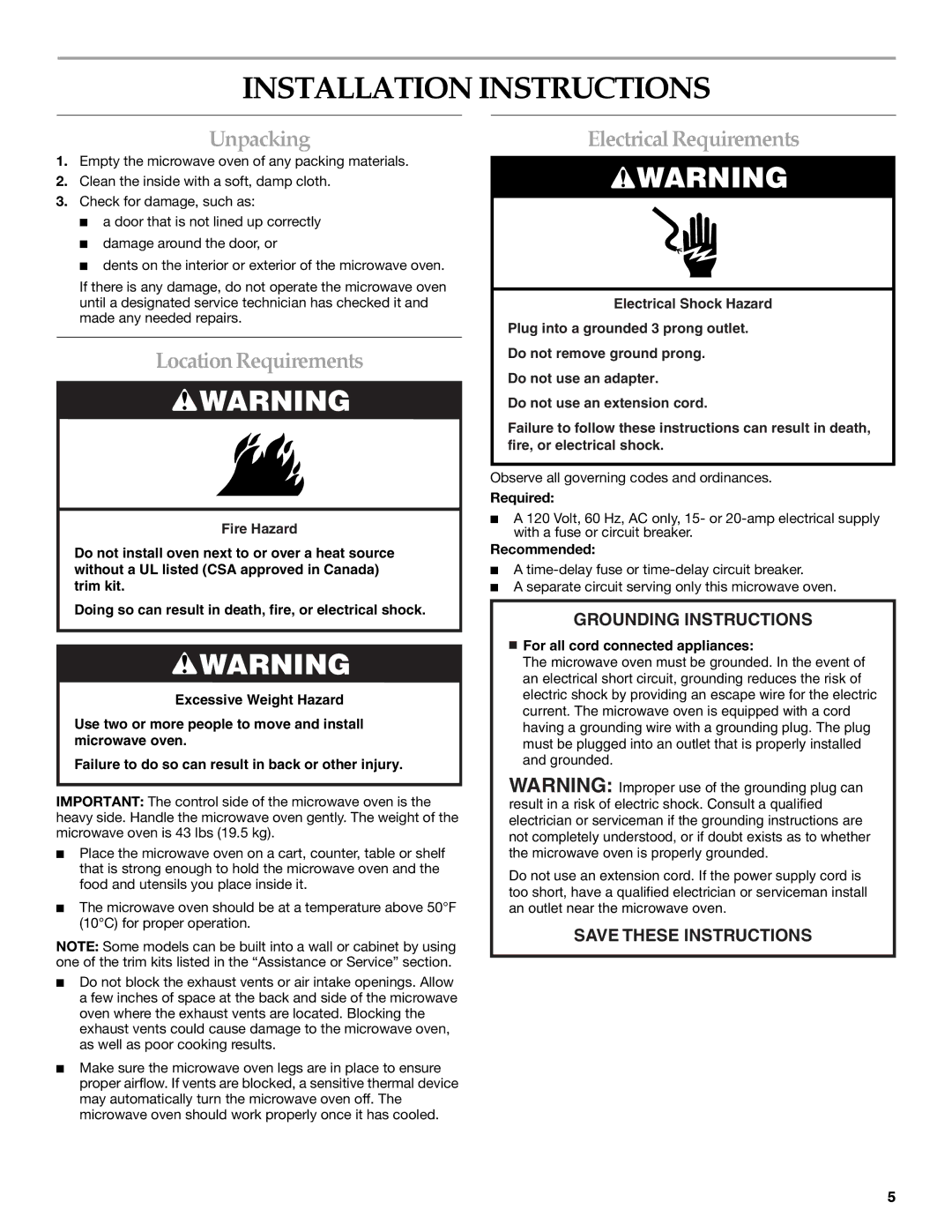 KitchenAid KCMS1555 manual Installation Instructions, UnpackingElectricalRequirements, LocationRequirements, Required 