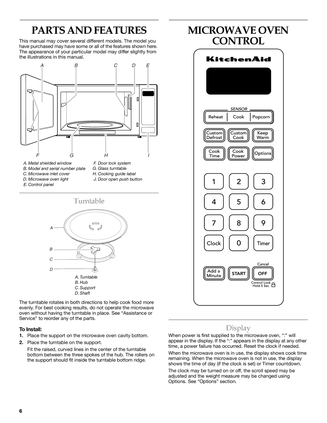 KitchenAid KCMS1555 manual Parts and Features, Microwave Oven Control, Turntable, Display, To Install 