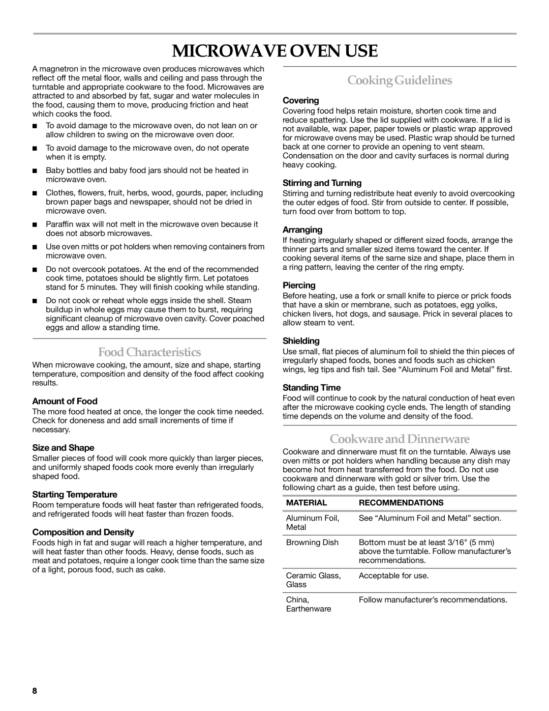 KitchenAid KCMS1555 manual Microwave Oven USE, FoodCharacteristics, CookingGuidelines, CookwareandDinnerware 