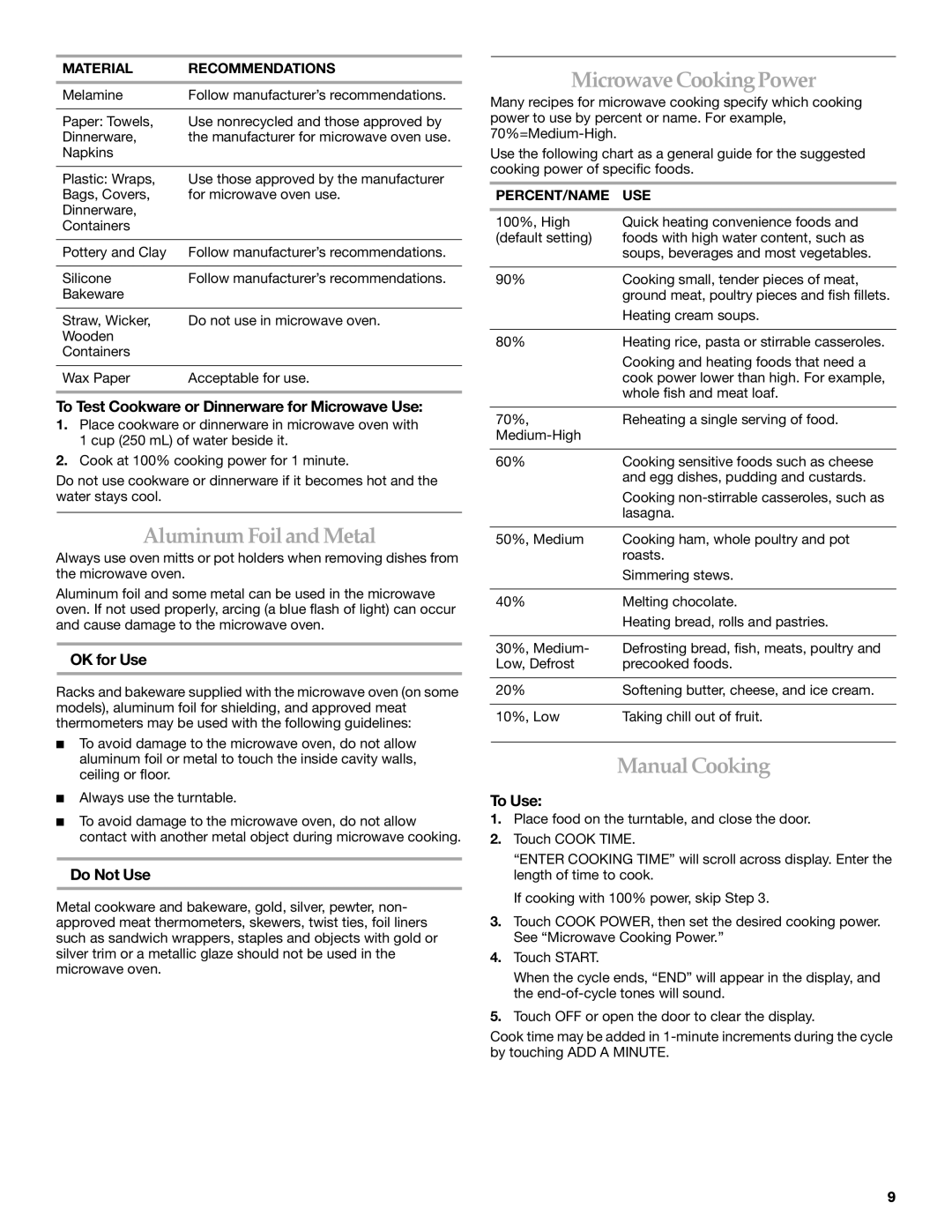 KitchenAid KCMS1555 manual AluminumFoilandMetal, MicrowaveCookingPower, ManualCooking 