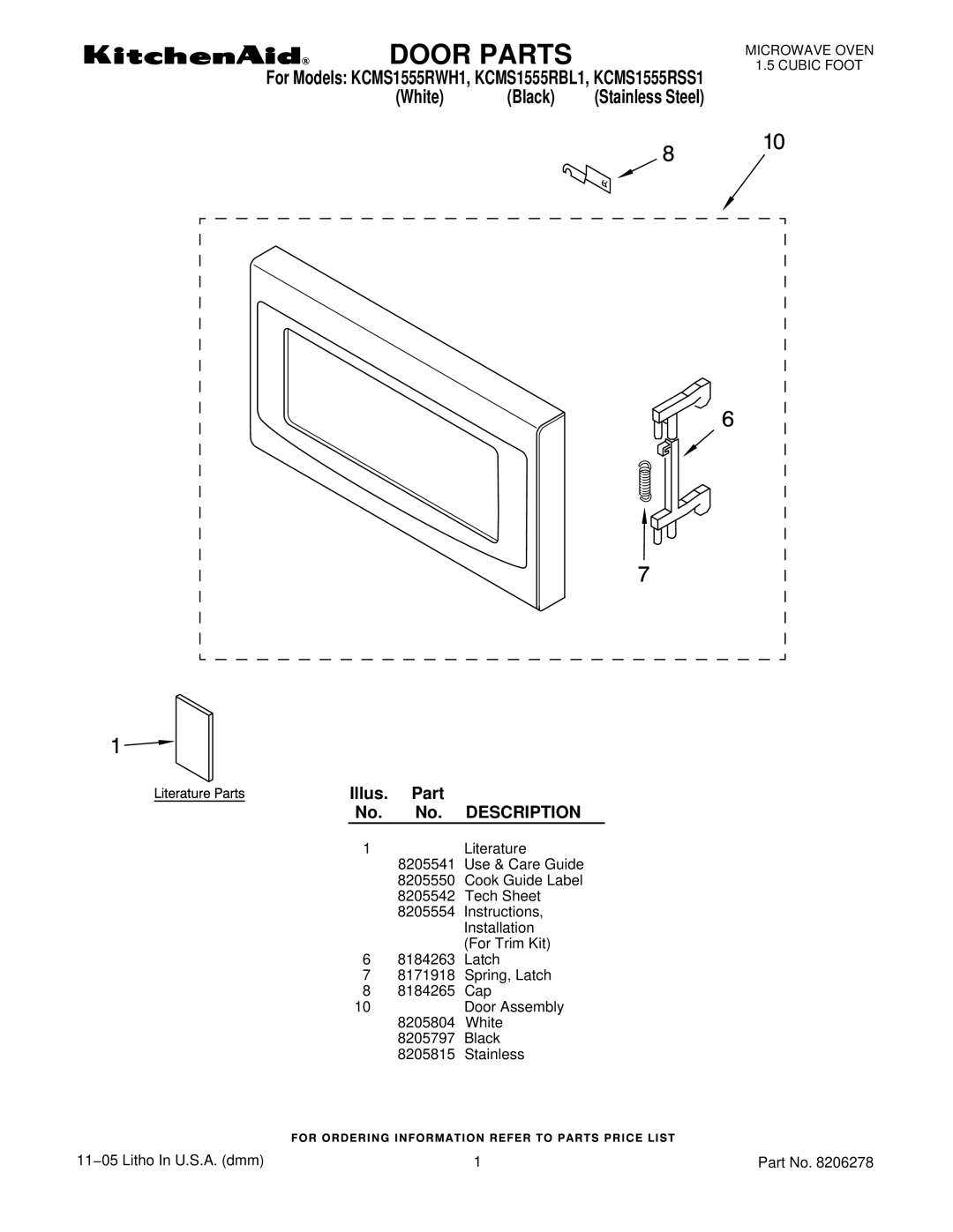 KitchenAid KCMS1555RWH1, KCMS1555RSS1, KCMS1555RBL1 manual Door Parts, Illus. Part No. No. Description 