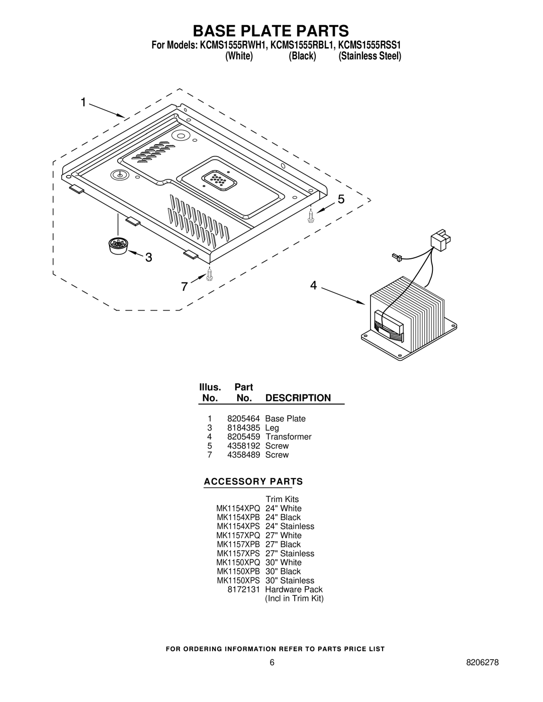 KitchenAid KCMS1555RSS1, KCMS1555RWH1, KCMS1555RBL1 manual Base Plate Parts, Accessory Parts 