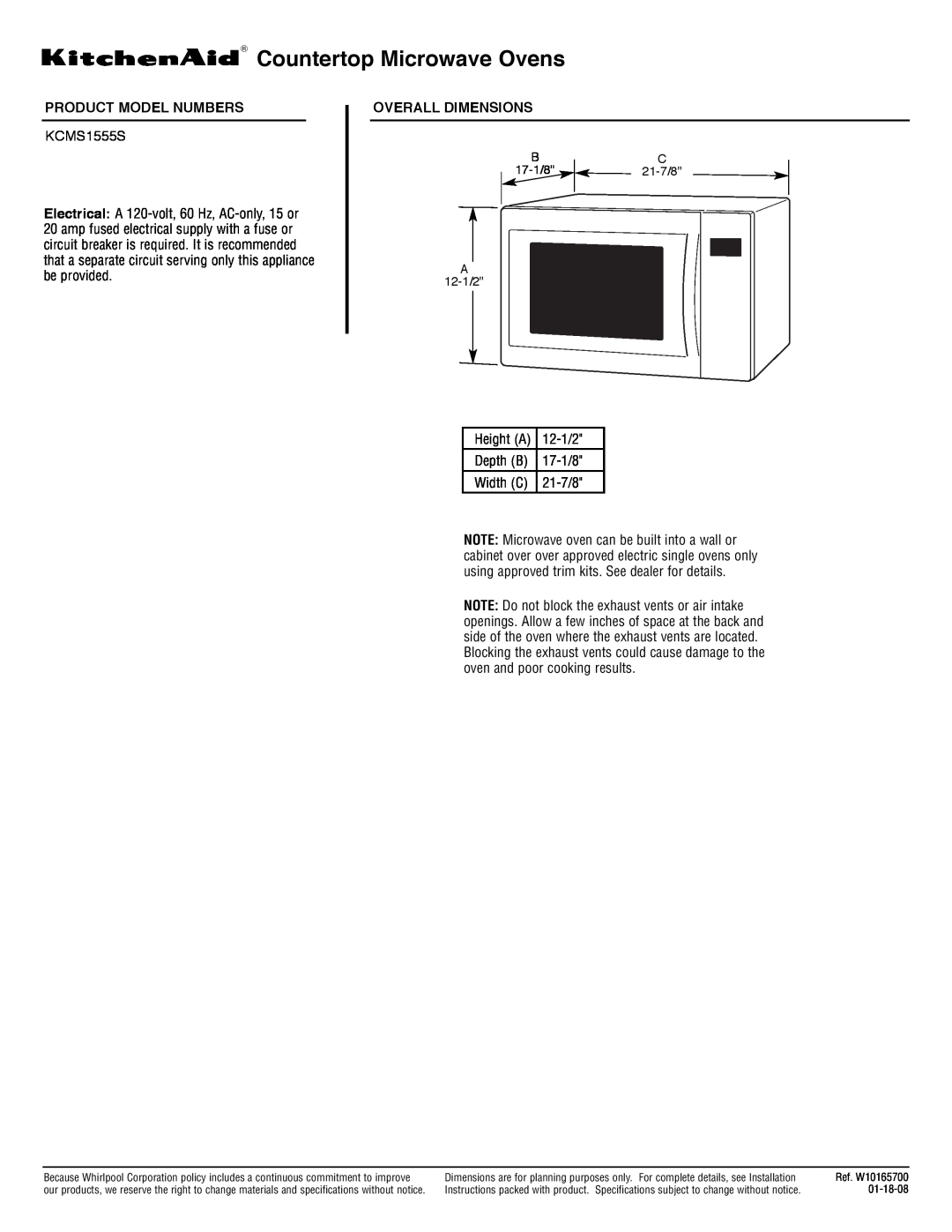 KitchenAid KCMS1555S dimensions Countertop Microwave Ovens, Product Model Numbers, Overall Dimensions, Depth B, Width C 