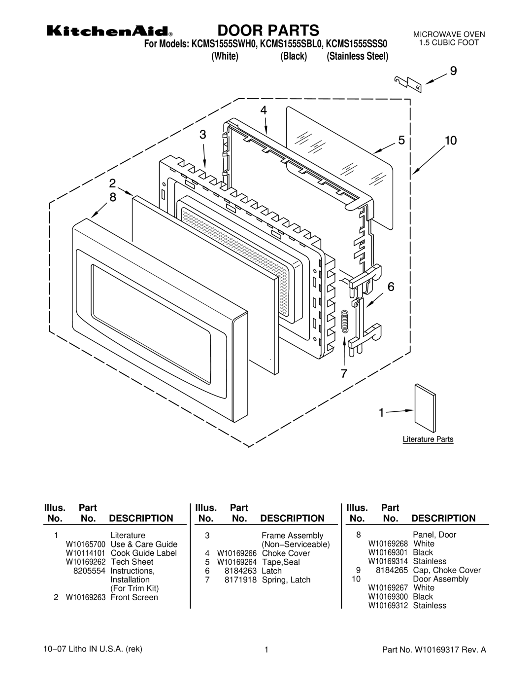 KitchenAid KCMS1555SSS0, KCMS1555SWH0, KCMS1555SBL0 manual Door Parts, White Black 