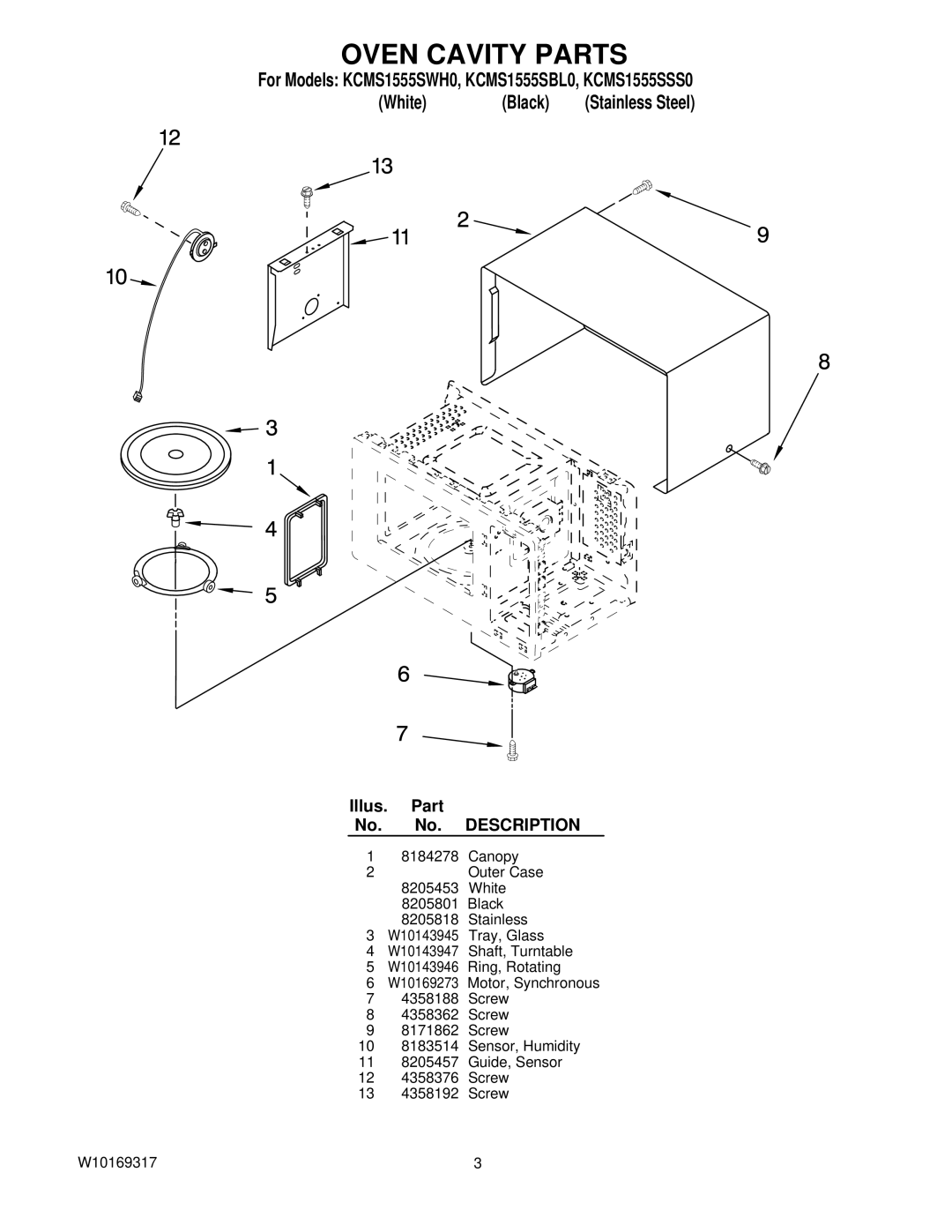 KitchenAid KCMS1555SWH0, KCMS1555SSS0, KCMS1555SBL0 manual Oven Cavity Parts 