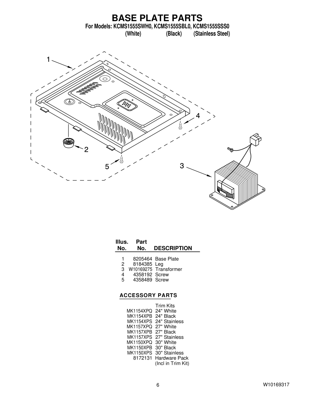 KitchenAid KCMS1555SWH0, KCMS1555SSS0, KCMS1555SBL0 manual Base Plate Parts, Accessory Parts 