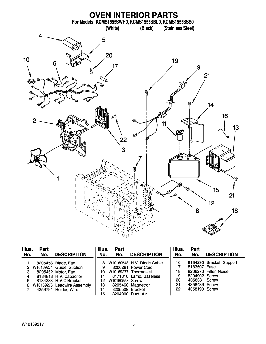 KitchenAid manual Oven Interior Parts, For Models KCMS1555SWH0, KCMS1555SBL0, KCMS1555SSS0, White, Black 