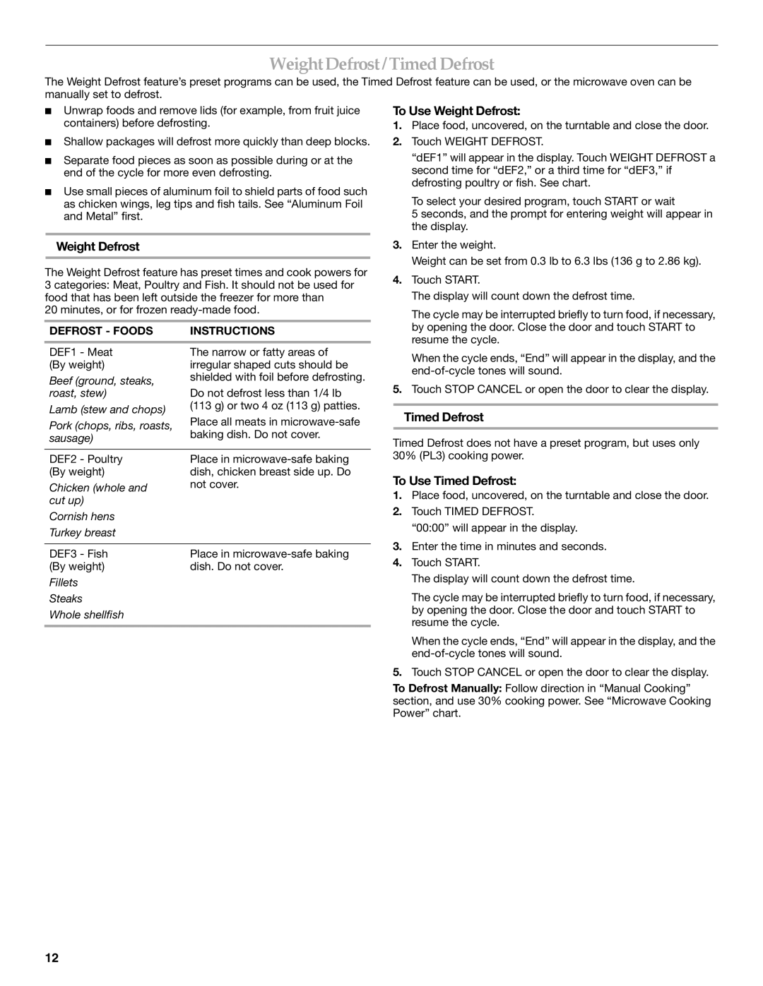 KitchenAid KCMS1655 manual WeightDefrost/TimedDefrost, To Use Weight Defrost, To Use Timed Defrost 