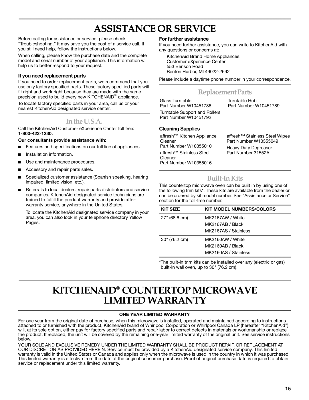 KitchenAid KCMS1655 Assistance or Service, Kitchenaid Countertop Microwave Limited Warranty, IntheU.S.A, ReplacementParts 