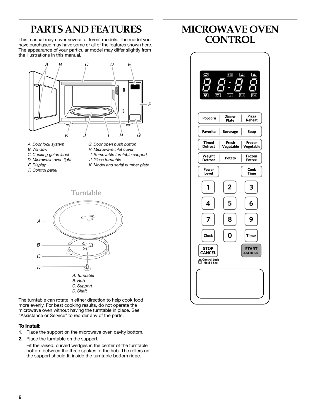 KitchenAid KCMS1655 manual Parts and Features, Microwave Oven Control, Turntable, To Install 