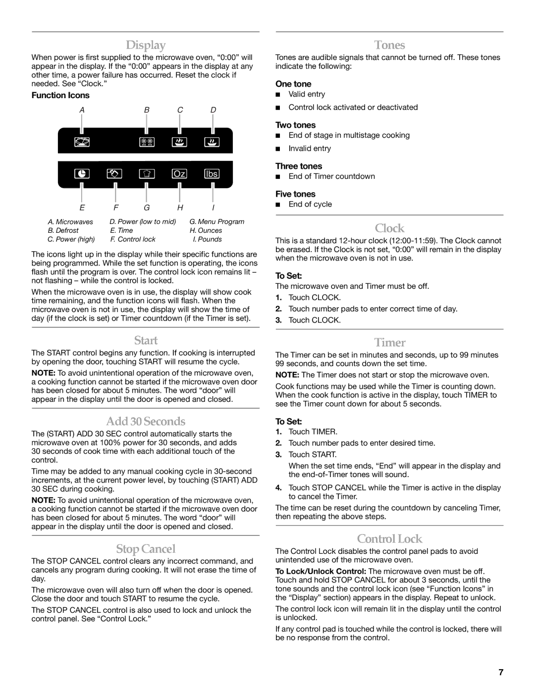 KitchenAid KCMS1655 manual Display, Start, Add30Seconds, StopCancel, Tones, Clock, Timer, ControlLock 